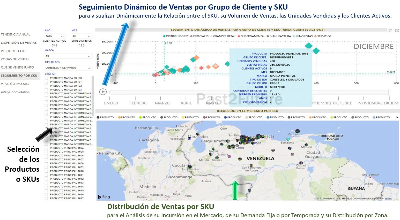 Imagen de Seguimiento Dinámico de Ventas por Producto o SKU - Solución Past2Future Business Intelligence, permite hacer seguimiento  o trazabilidad de las ventas de cada producto en el período.