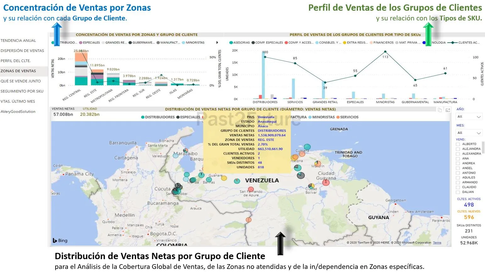 Imagen de Distribución de Ventas por Zonas de Ventas - Solución Past2Future Business Intelligence, muestra el alcance de las estrategias de mercadeo y ventas de la empresa.