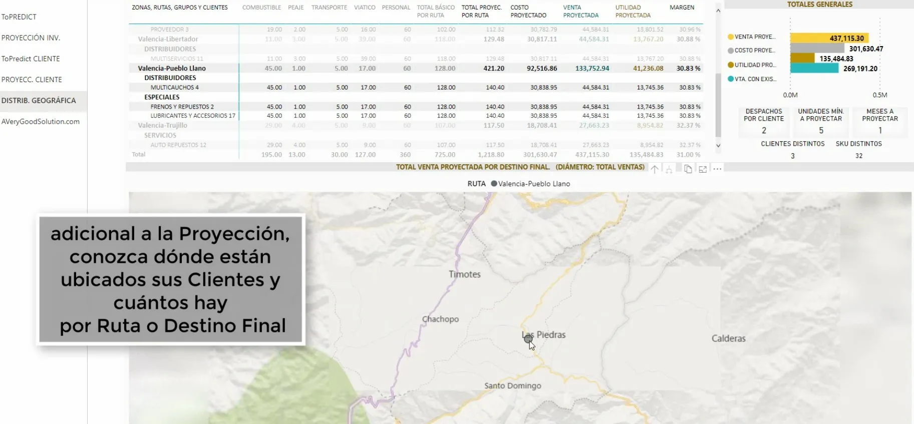 Imagen de ToPredict Cliente Business Intelligence con la ubicación geográfica de los Clientes y Zonas de Ventas.